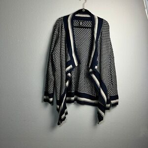 Apostrophe Academic Navy Wht Geometric Open Front‎ Waterfall Cardigan Sweater XL
